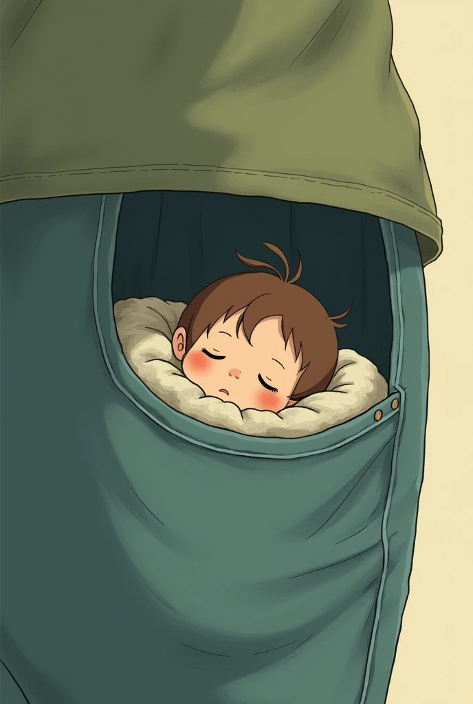 A finger sized tiny person is sleeping in very big persons pocket. Ghibli style.