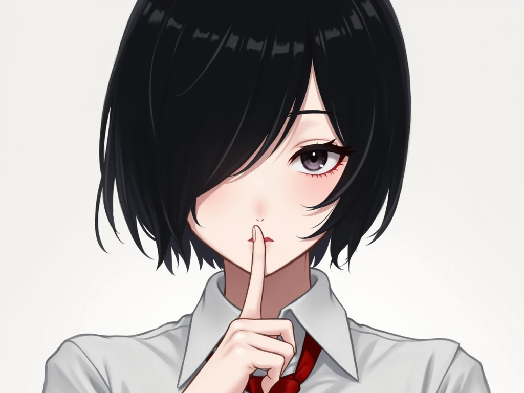 Make a character with short black hair and faceless bangs with eyeliner on the eyes, wearing a white dress shirt with a red tie. with one of her fingers on her lips making a "shhh" expression, looking sly