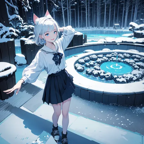 ​(( Masterpiece :1.2)), (( top quality)), 1 Girl(Cat ears, Age: 12, cute,  white hair , [Cat ears:1.4]), ( blue eyes,  smiling with eyes half closed ), Shes wearing a white dress and mini skirt , They wear ice skates and dance on ice, Ice dancing, Toe loop...