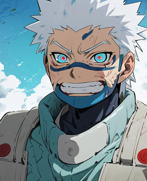 The character in the Naruto story, the Otsuuki family, is a teenage boy with two colored eyes, white on the right side, red on the left. White hair, with turquoise highlights, scarring his face, right cheek, incised.