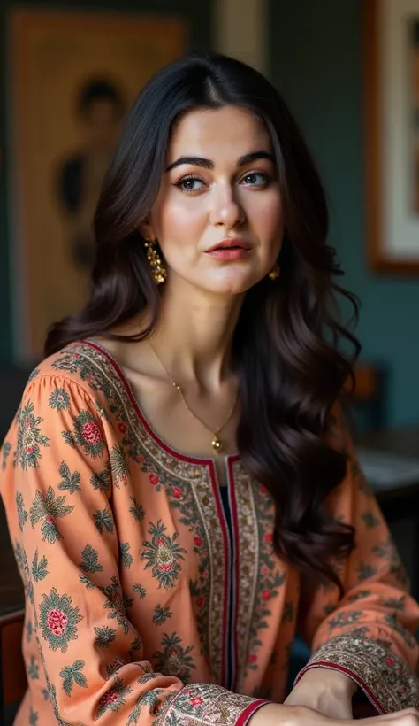 a woman with dark, slightly reddish hair , very white skin with freckles sitting at a podcast table, front view camera focus, Pakistani traditional dressing