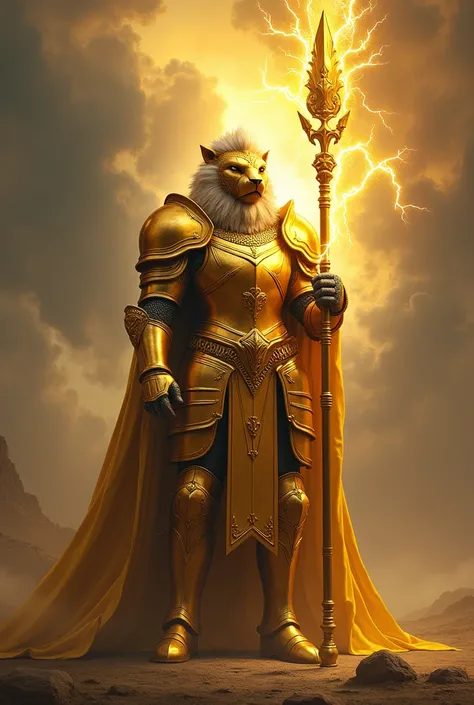 Knight in golden armor wearing a golden metal helmet shaped like a lion and carrying a golden spear wrapped in lightning.