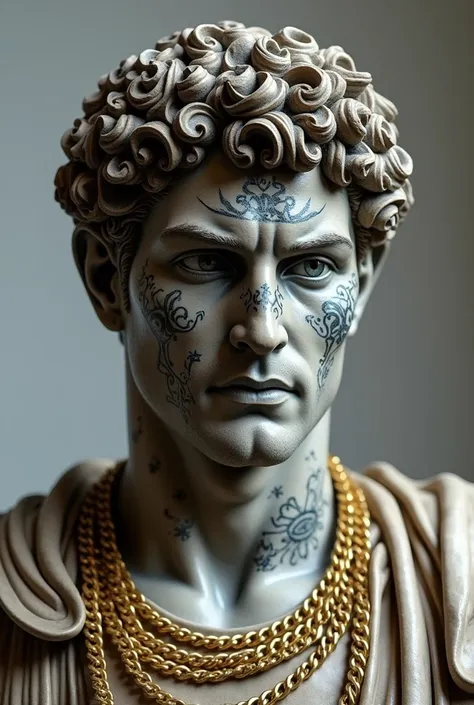 Roman emperor Hadrians face sculpture with tattoos and gold chains