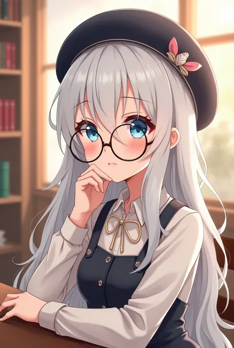 Anime girl white longhiar blue eyes circle glasses Berethat