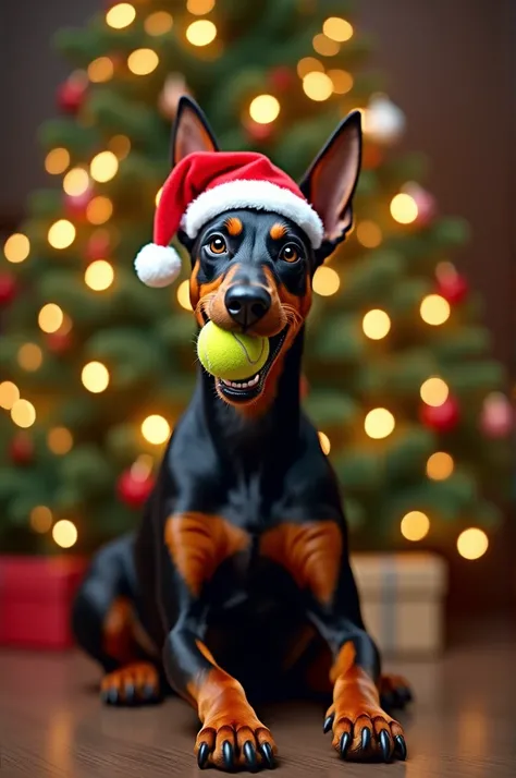 small brown and black doberman dog with tennis ball and santa claus hat. in the background christmas tree with lights. And the sentence “merry Christmas from DJ”