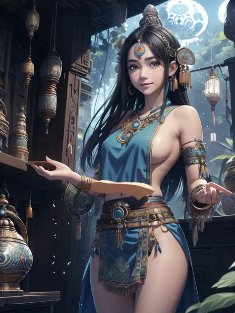 1 teenage girl. Beautiful teenage girl. White skin. Student at The school of Shaman in Indonesia. She is wearing a sexy blue batik shaman robe no bra. No pants. She has black hair. Beautiful smiles. Holding the magical Orbz. Shaman spell all around her. Th...