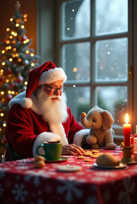 Create a magical, ultra-detailed 8K holiday scene featuring Santa sitting inside at a cozy wooden table, warmly lit by soft, bright lights. Santa Claus is dressed in a traditional red suit with a white fur trim, wears glasses, and smiles softly as he share...