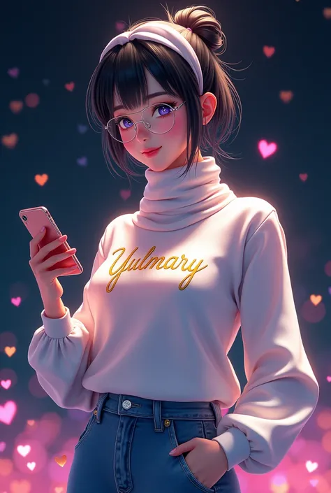 Young woman with short black hair tied in a ponytail with white scarf tied over her head with transparent lenses with beautiful smile with white turtleneck blouse long sleeves with the name Yulmary on her chest in gold color with blue bluyean and black and...