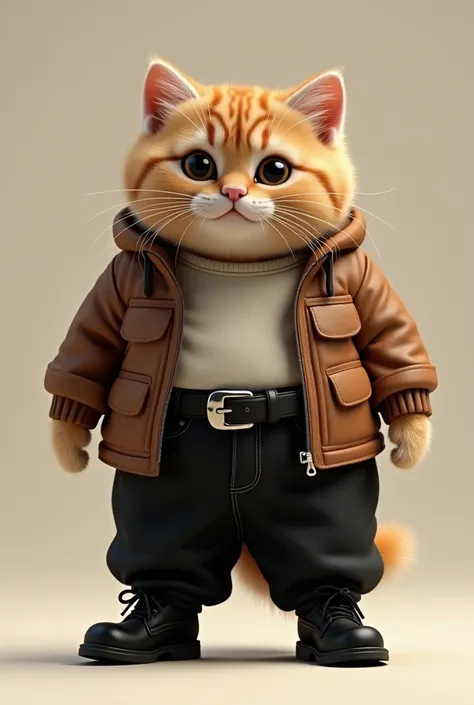 Fat brown kitten long black pants, brown jacket, black belt and black shoes