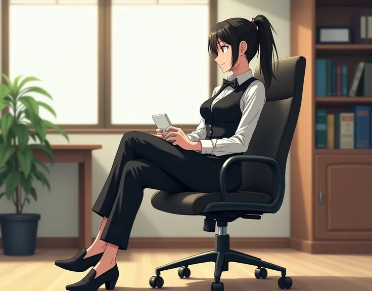 Anime style, career woman, female boss, full body, sitting on office chair, facing sideways,crossed legs, one hand resting on the arm of the office chair,office background, tied in a ponytail, wearing a vest, bow tie, long pants,large windows, office desk,...