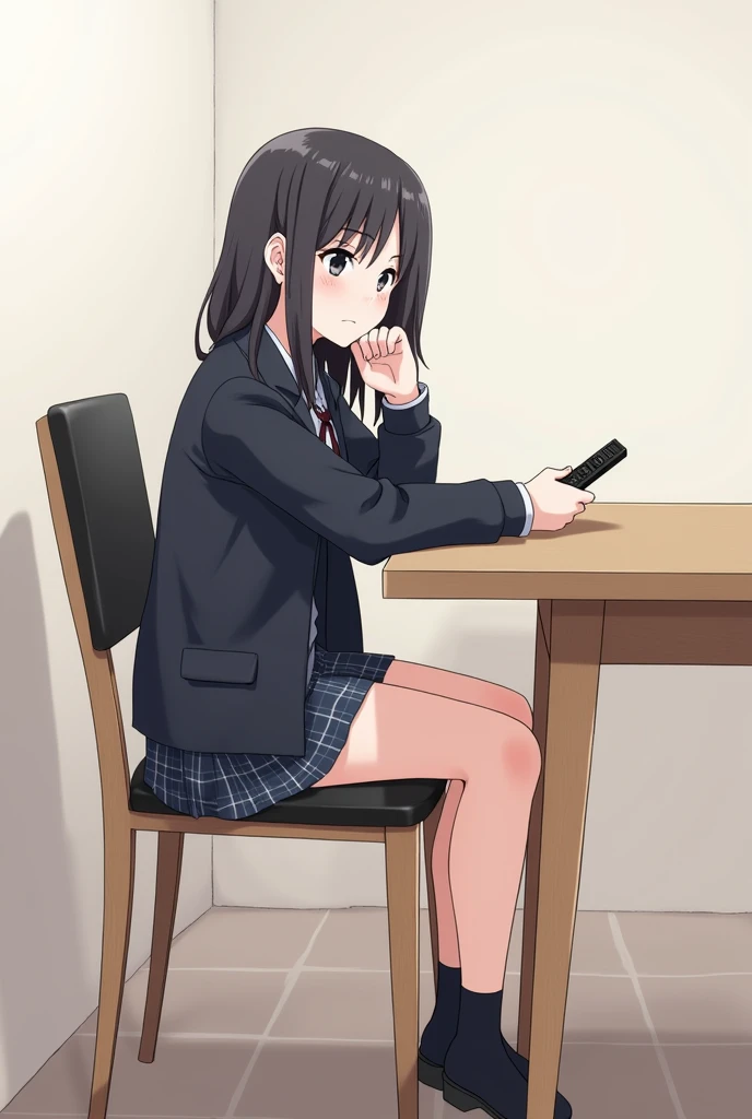 An anime-style illustration of a teenage girl sitting in a dining backrest chair upholstered in black leather with wooden legs.  She wears a school uniform that includes a dark jacket and a plaid skirt ,  while holding a black television remote control in ...