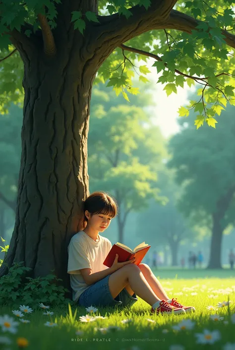 The surrounding environment of the recreational park is beautiful, green and refreshing. A teenager is seen leaning against a tree while reading a book. Depict the situation from a close-up with an emphasis on action, form, interweaving and space.