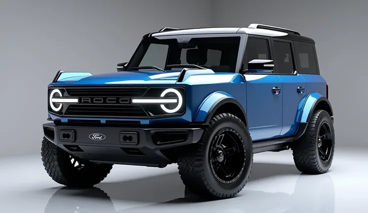 create an ultra-detailed 3D render, of a modern 2025 Ford Bronco sport with a bold design looking long  captured from   front sideview. The car should feature a Gleamy  cream blue color with a Bronco logo on its front, a large white detailed grille like ro...