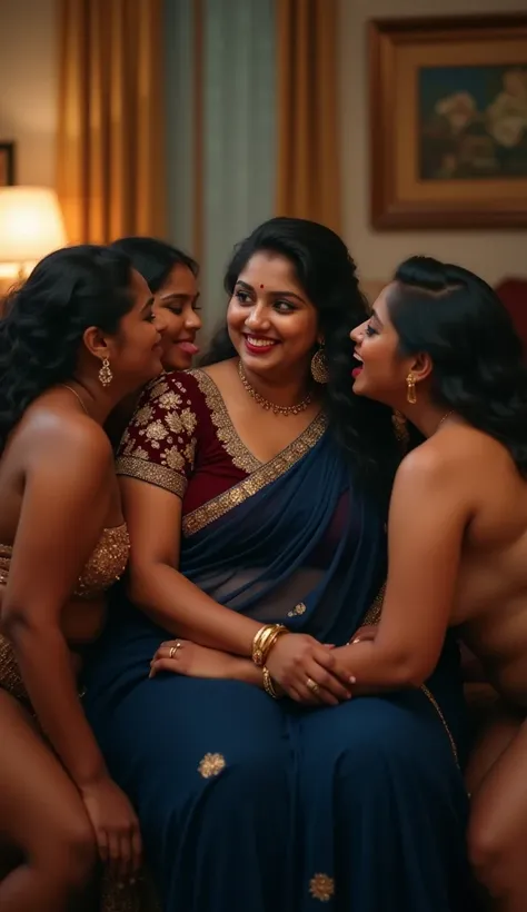 Full body image, side view Full body image, indian hourglass body, Indian medium plus sized 29 year old Telugu bride manjusha , lovely face, mouth slightly open, half closed eyes wearing highly embroideried meroon colour chiffon blouse and navy blue colour...