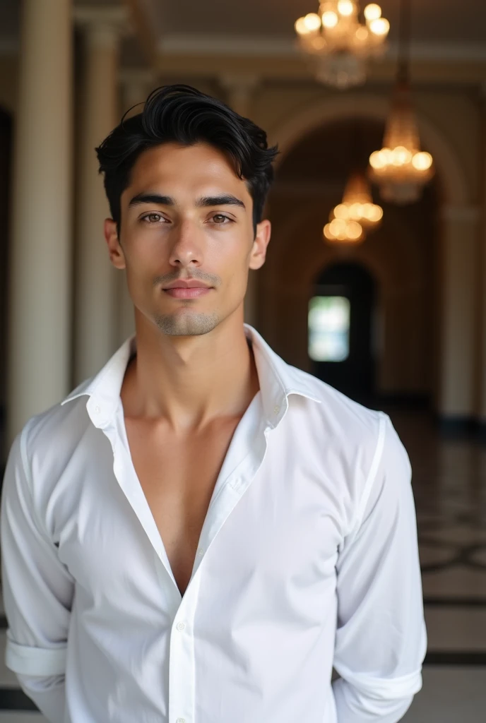  The boy in the image looks elegant and modern. Ha capelli scuri, leggermente ondulati e pettinati in avanti, that frame his defined face . His complexion is fair,  with well-sculpted and symmetrical facial features .  He wears a white shirt open around th...