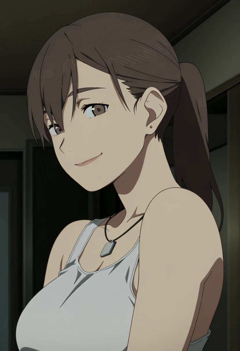 1girl,solo,mari,mature female,brown hair,brown eyes,ponytail,earrings,anime coloring,
tank top,half body, looking at viewer, smile,indoors
,masterpiece,best quality,amazing quality,