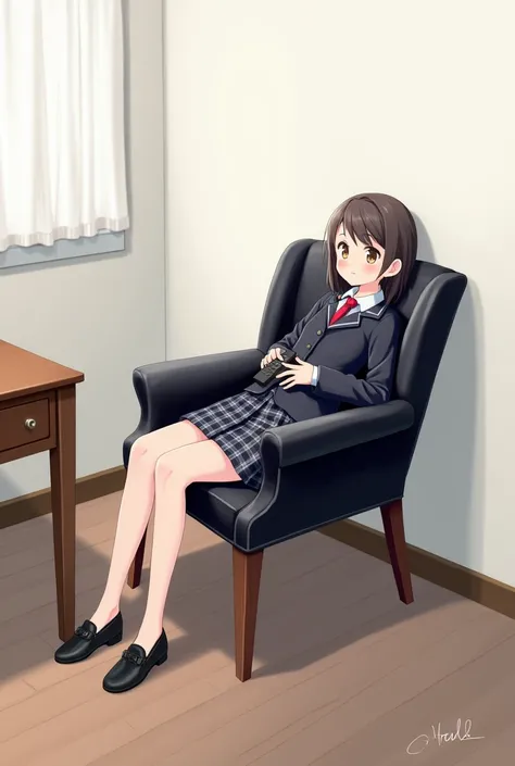 An anime-style illustration of a teenage girl sitting in a dining backrest chair, fully upholstered in black leather with wooden legs..  She wears a school uniform that includes a dark jacket and a plaid skirt ,  while holding a black television remote con...