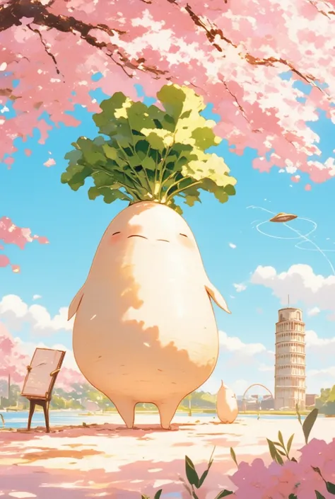  Cherry Blossom Season 、 Under the cherry tree 、 Under the cherry tree 、 A radish at a cherry blossom viewing party , A beautiful slope,   living daikon  ,  A radish in the shape of a human ,   anthropomorphic daikon  ,  There is an arch like the Tower of ...