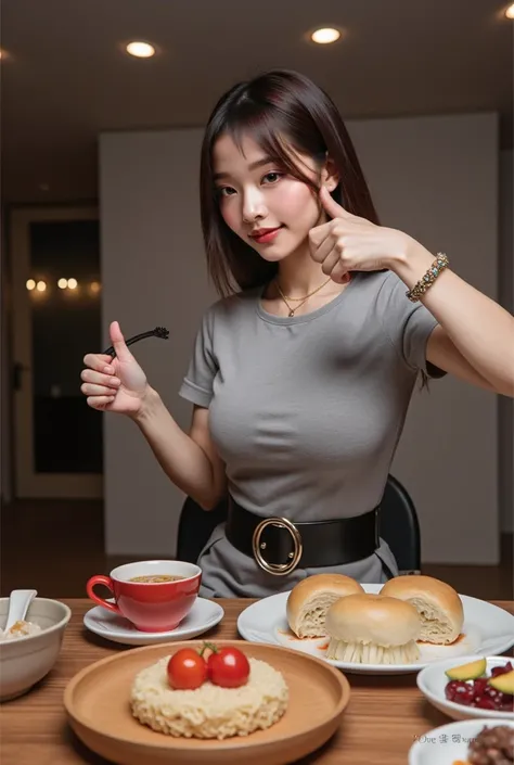 korean woman holding a folk, thicc, eating noodles, eating camera pov, high quality image, eating meat, at a dinner table, foodporn, sie boob, thumbs up pose, wearing one dress, happy, smiling