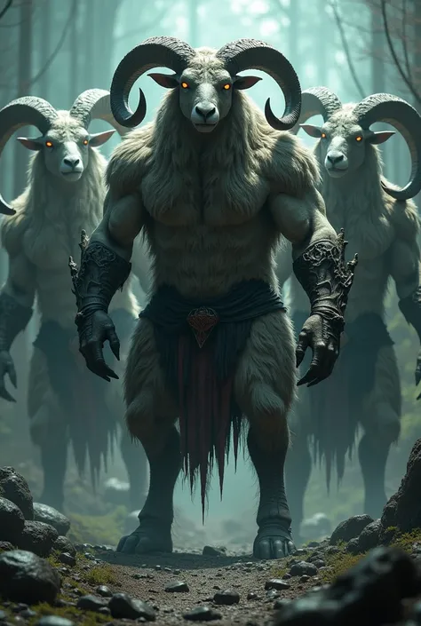 Sheep demonic humanoid creatures, their fur a dark, matted mess, their eyes glowing, massive horns curving outward like scythe blades, humanoid, 9ft tall big, buff, 3 of them, sharp hands, guardians clothes