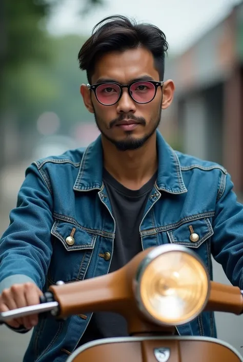  Photo of an Indonesian man wearing glasses in the shape of love not brewokan, unsmiling wears a blue Levis jacket and sits atop a brown vespa 