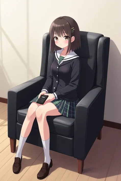 An anime-style illustration of a teenage girl sitting in a chair with a dining backrest, fully upholstered in black leather with wooden legs..  She wears a school uniform that includes a dark jacket and a plaid skirt ,  while holding a black television rem...