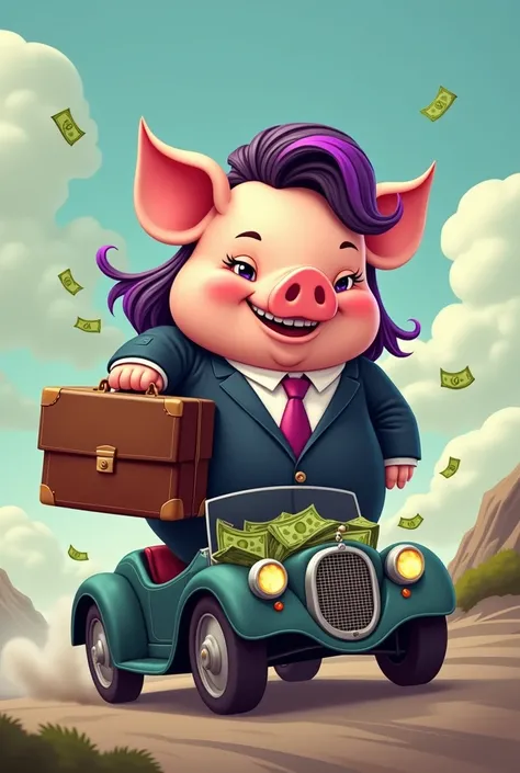 a wealthy and successful entrepreneur cute cartoon pig wearing suit carry a suitcase that is filled with a lot of money riding on a roadster with a little bit fat and has long length with black hair but has some purple highlights wife pig