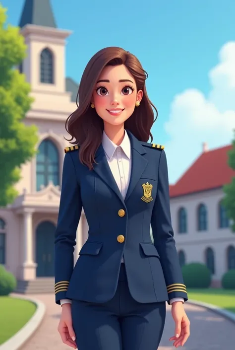 make an animated picture of a woman wearing an airlangga university alma mater suit in navy blue