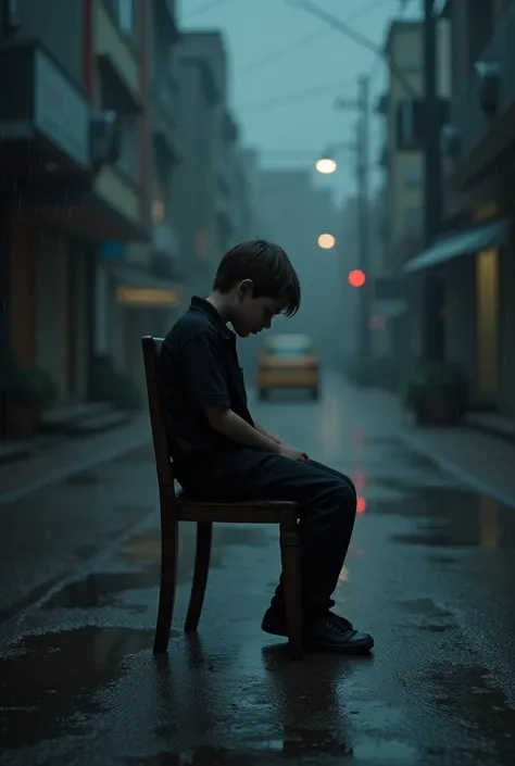 generate a realistic image of a boy wearing black polo and black trouser sitting alone in a wet dark street on a chair with his head bowing