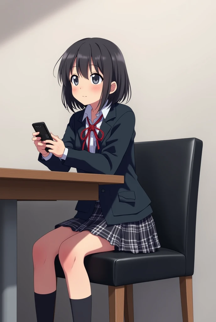 An anime-style illustration of a teenage girl sitting in a dining backrest chair, full upholstered in black leather with wooden legs..  She wears a school uniform that includes a dark jacket and a plaid skirt ,  while holding a black television remote cont...