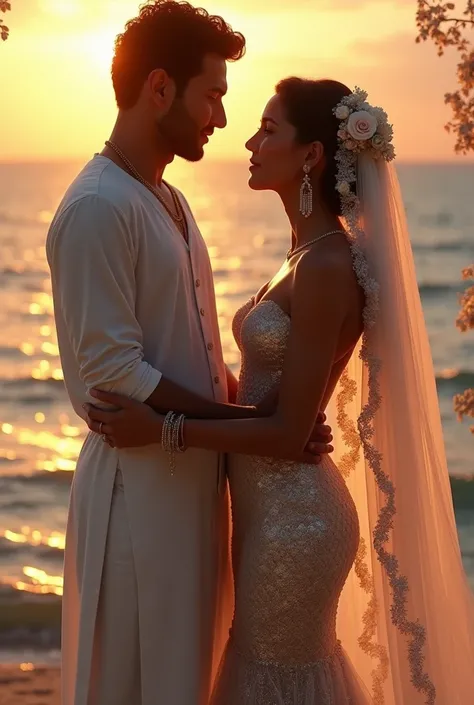 Colombian mermaid and male brown 6ft Pakistani, getting married at sunset, over the ocean. Mermaid wearing a veil made from roses and pearls 