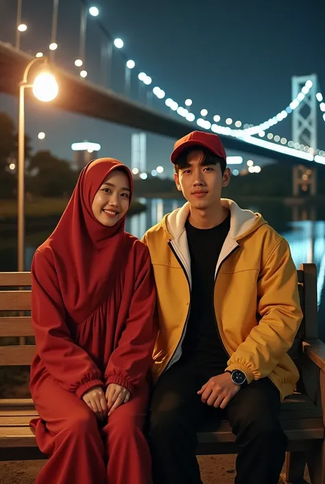  Korean romantic couple .  1Korean girl wearing red pajama hijab ,  black t-shirt white jacket snap back hat ,  1Korean handsome man red yellow hodyy jacket ,  souvenir dress , duduk di kursi Garden, rocking ,  Outside , Garden,  japanese suspension bridge...