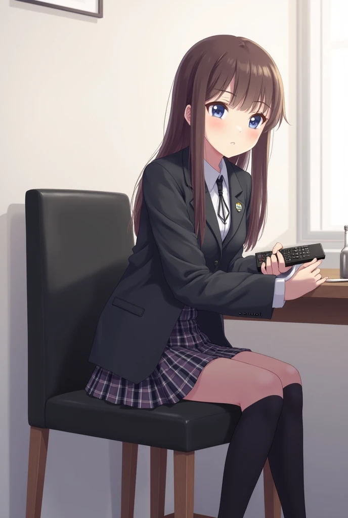 An anime-style illustration of a teenage girl sitting in a dining backrest chair, full upholstered in black leather with wooden legs..  She wears a school uniform that includes a dark jacket and a plaid skirt ,  while holding a black television remote cont...