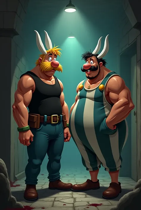 2 personnages s’inspirant de Astérix qui a une grosse moustache blonde touffu et obelix dans un décor d’escape game d’horreur 