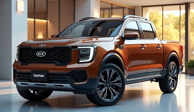 Create a Realistic render of a PICKUP design featuring the 2025 [ KIA TASMAN PICKUP] . The car should be viewed from the [SIDE] view in [BROWN] colour car. Include a [KIA Logo] prominently on (FRONT), the headlights are (WHITE) ,The license plate should di...