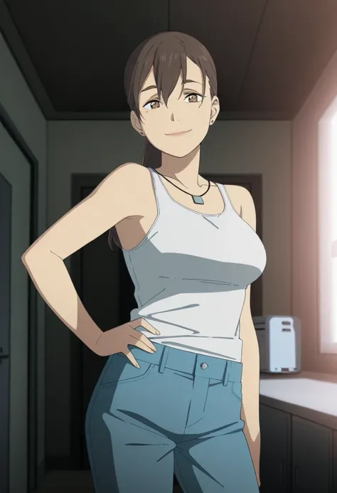 1girl,solo,mari,mature female,brown hair,brown eyes,ponytail,earrings,anime coloring,
tank top,pants, hand on own hip, looking at viewer, smile,indoors
,masterpiece,best quality,amazing quality,