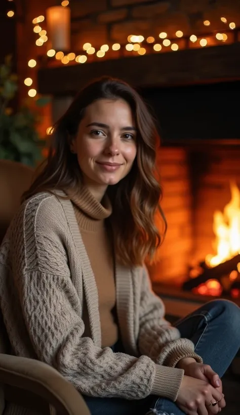 A 36-year-old woman sitting byA cozy fireplace, dressed inA warm cardigan