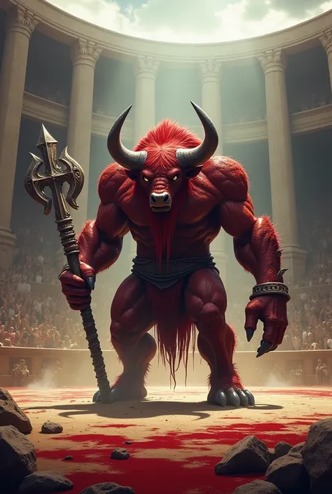 cinematic portrait, the dashing Red Buffalo monster Glaciator carrying a Barbed Chain weapon standing proudly in the middle of the Gladiator arena waiting for his opponent, the Gladiator arena, inspired by the gladiator film