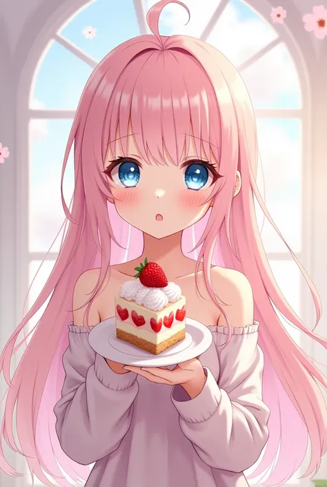 Cute girl with light pink hair, long hair, bright blue eyes, natural white skin, a cute personality, shy, attentive and peaceful, hates chaos, is loved by everyone eat cheesecake strawberry anime