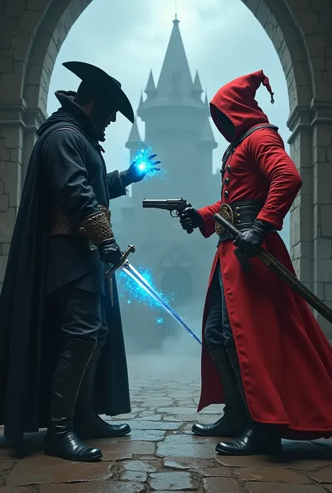 two young guys are standing back to back, one guy is dressed in a black 16th century bounty hunter costume, a sword in a scabbard on his belt, his hands are in a fighting position and glow with blue frosty magic, the second guy is dressed in a bright red 1...