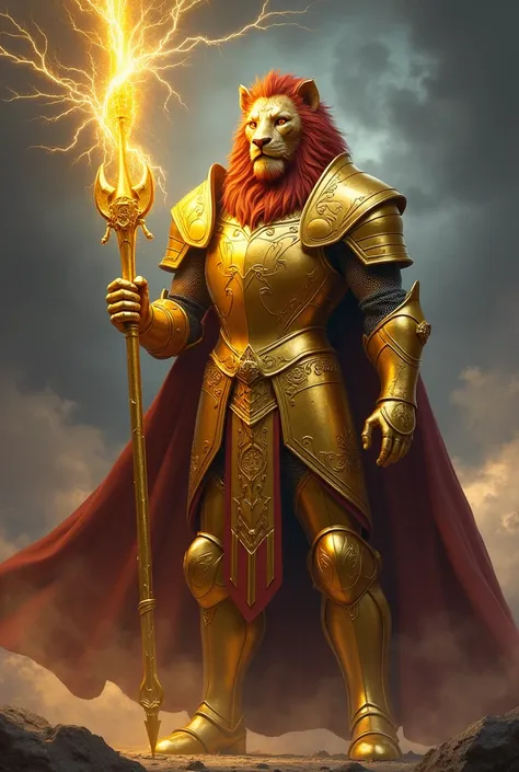 Full body image of a gold-armoured knight , wearing a golden metal helmet shaped like a lion with a red mane and carrying a golden spear wrapped in lightning.