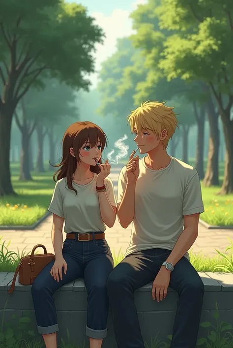 A blond haired man and a brown-haired girl smoke and smile in the park 