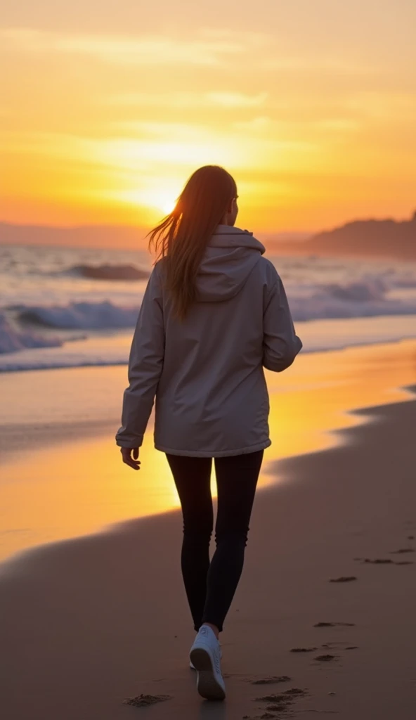 A 37-year-old woman walking onA sandy beach at sunset, wearingA light jacket