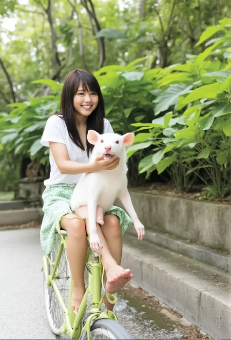 A cheerful real girl stands with her whole body 、 holding a giant white live mouse in her hands.   High Quality .   realistic pictures. abnormal