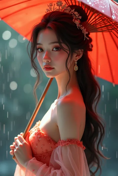 Une jolie princesse asiatique aux cheveux longs et ondulés portant une robe de princesse transparent et mouillée et tenant un parapluie rouge sous la pluie.