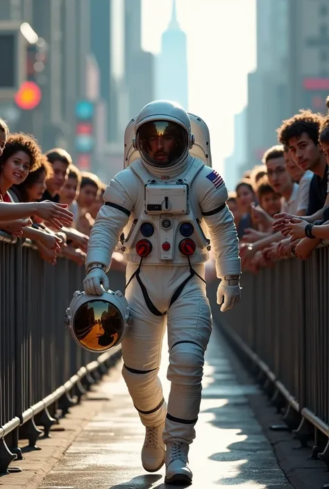  An astronaut after landing in Hilston walking with his helmet in his hand,  with crowds of fans nearby , but barred by a fence 