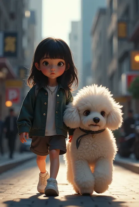 Teen with long bangs walks alongside white poodle 