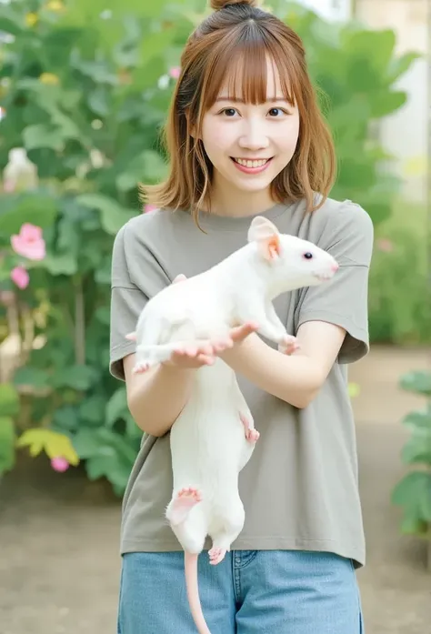 A cheerful real girl stands with her whole body 、 holding a giant white live mouse in her hands.   High Quality .   realistic pictures. abnormal