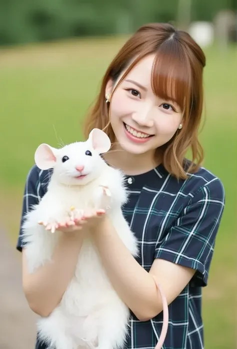 A cheerful real girl stands with her whole body 、 holding a giant white live mouse in her hands.   High Quality .   realistic pictures. abnormal