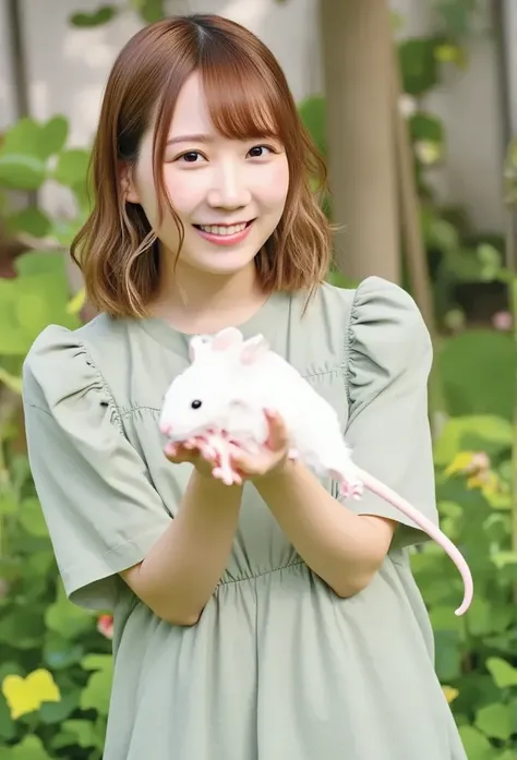 A cheerful real girl stands with her whole body 、 holding a giant white live mouse in her hands.   High Quality .   realistic pictures. abnormal